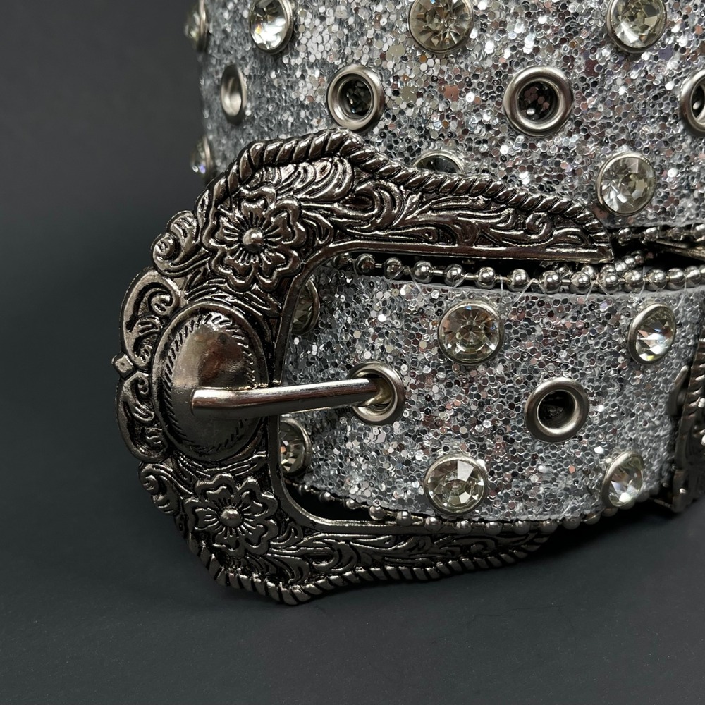 Vintage Rhinestone Western Belt Womens 30/32 Silver Studded Floral Buckle Rodeo - Picture 3 of 10